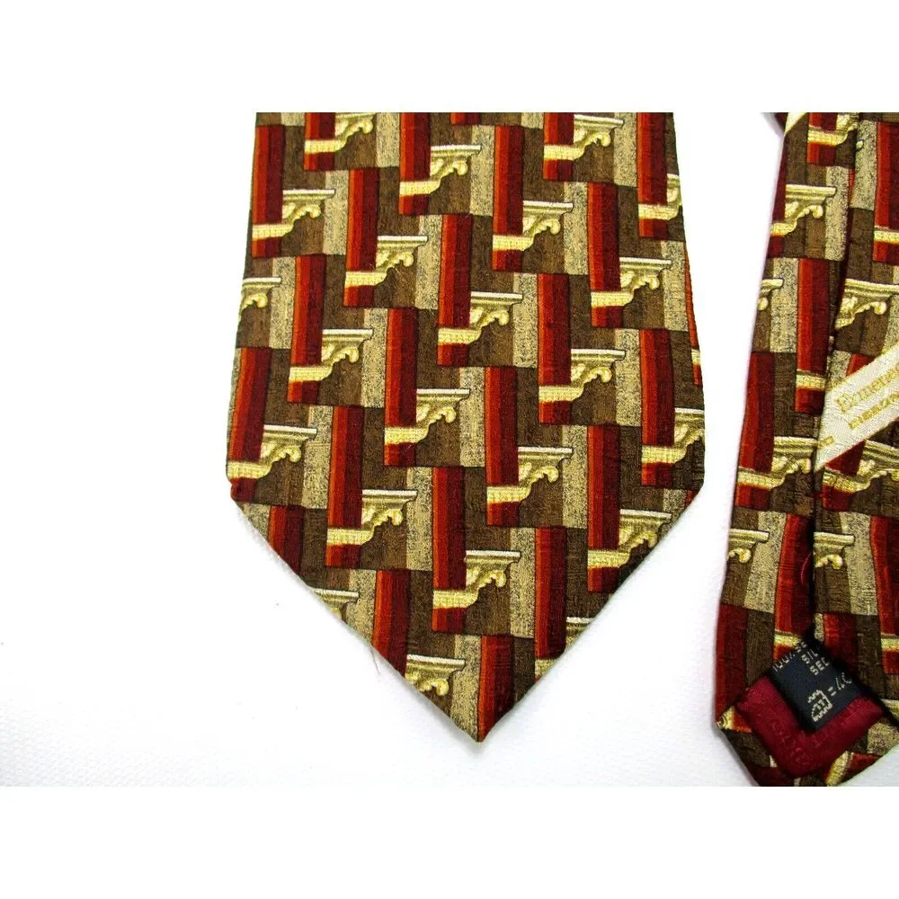 Ermenegildo Zegna Mens Silk Necktie Italy‎ Designer Gold / Bronze Geometric Tie